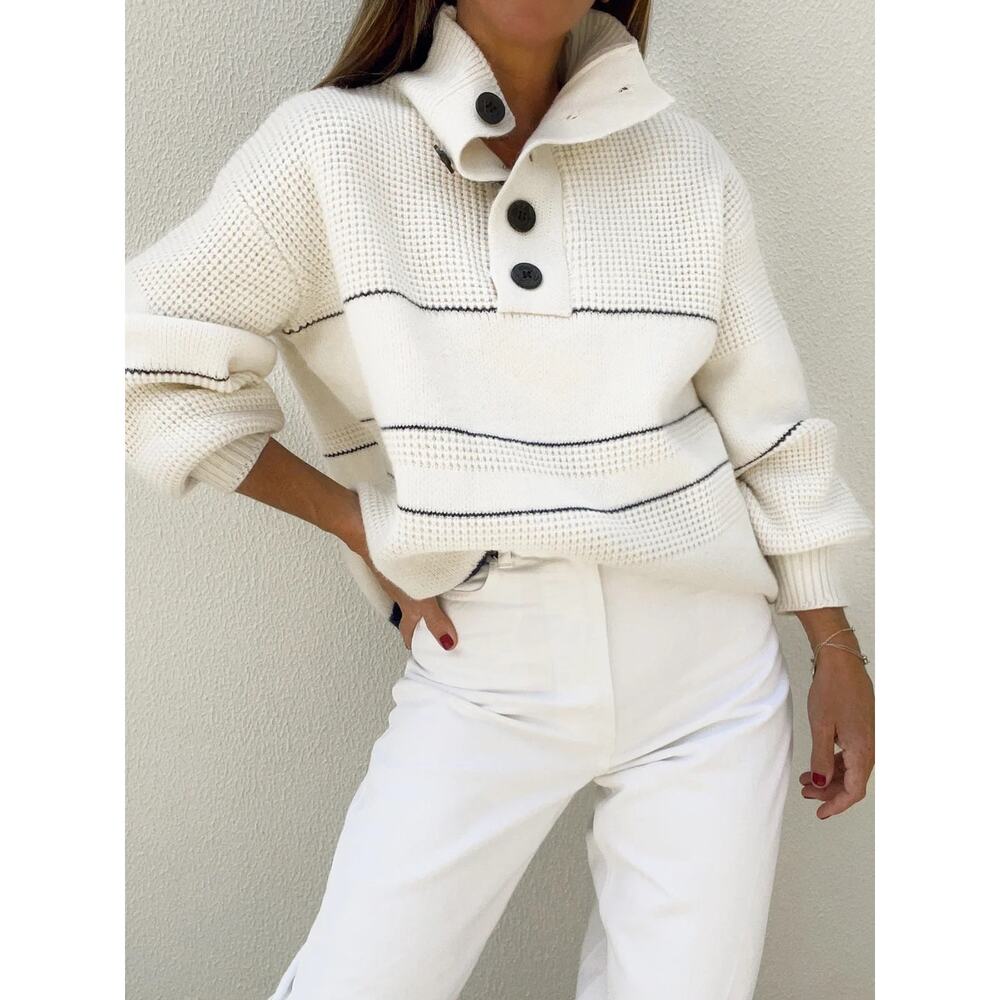 Commense White & Navy Open Collar 1/4 Button Up Sweater S NWT